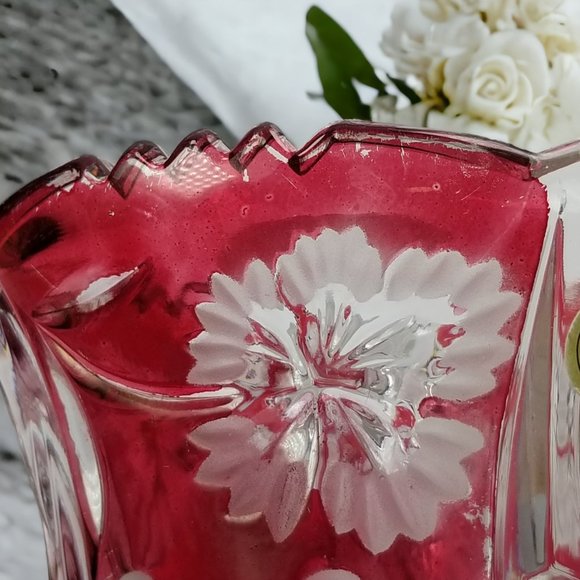 Anna Hutte Crystal Flower Vase Cranberry Red- Cut to-Clear Bleikristall Crystal - Picture 6 of 13